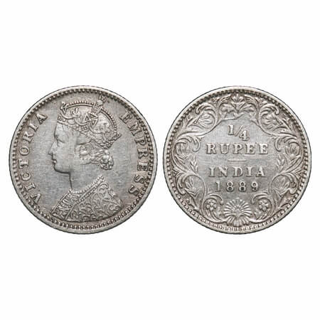 Victoria Empress, Silver, 1/4 Rupee, 1889, Bombay Mint, C(i)/II, 'B' incused F. Prid 423. 