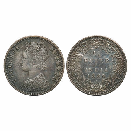 Victoria Empress, Silver, 1/4 Rupee, 1889, Bombay Mint, C(i)/II, 'B' incused. F. Prid 423.