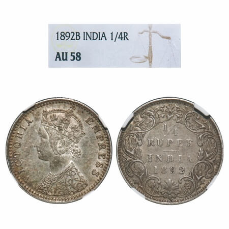 Victoria Empress, Silver, 1/4 Rupee, 1892, Bombay Mint, C(i)/I, 'B' incused. F. Prid 426. 