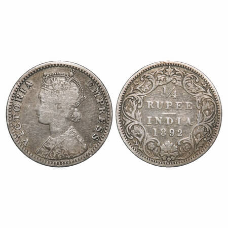 Victoria Empress, Silver, 1/4 Rupee, 1892, Bombay Mint, C(i)/I, 'B' incused. F. Prid 426. 