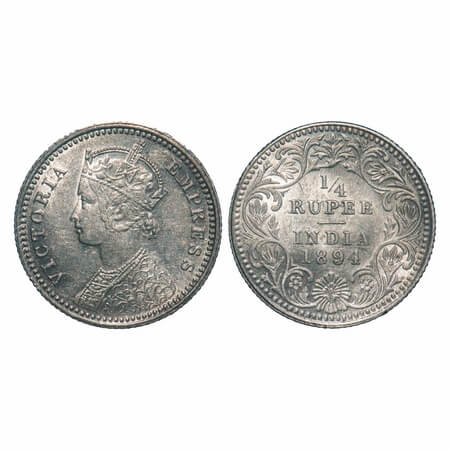 Victoria Empress, Silver, 1/4 Rupee, 1894, Bombay Mint, C(i)/I, 'B' incused. F. Prid 428. 