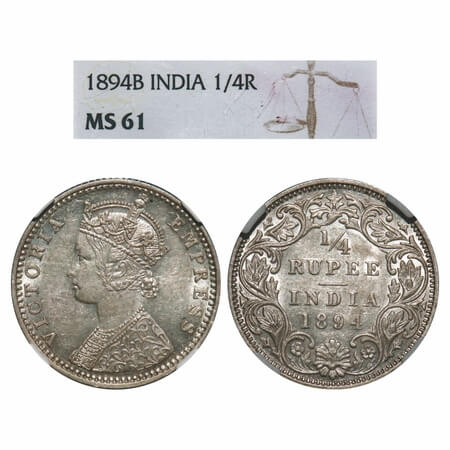 Victoria Empress, Silver, 1/4 Rupee, 1894, Bombay Mint, C(i)/I, 'B' incused. F. Prid 428. 