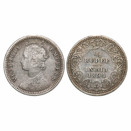 Victoria Empress, Silver, 1/4 Rupee, 1894, Calcutta Mint, C/II, 'C' incused. F. Prid 399. 
