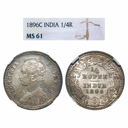 Victoria Empress, Silver, 1/4 Rupee, 1896, Calcutta Mint, C/II, 'C' incused. F. Prid 400. 