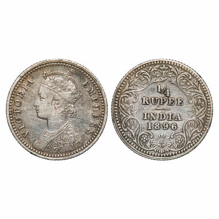 Victoria Empress, Silver, 1/4 Rupee, 1896, Calcutta Mint, C/II, 'C' incused. F. Prid 400. 