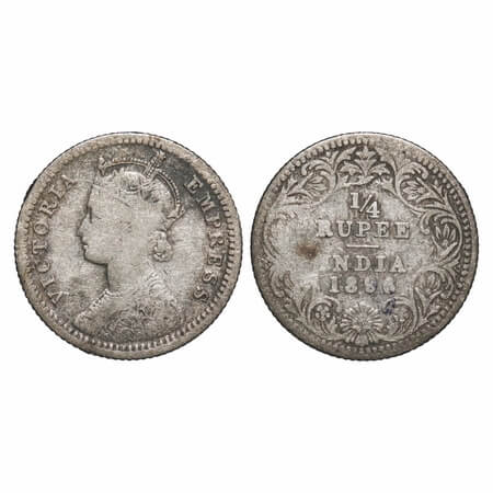 Victoria Empress, Silver, 1/4 Rupee, 1896, Calcutta Mint, C/II, 'C' incused. F. Prid 400. 