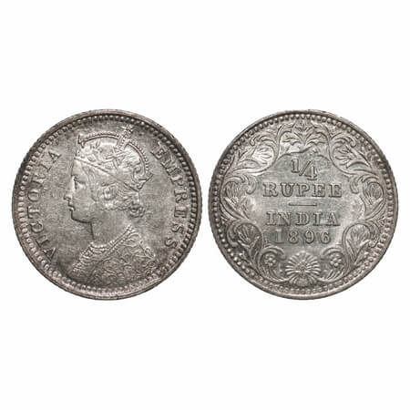 Victoria Empress, Silver, 1/4 Rupee, 1896, Calcutta Mint, C/II, 'C' incused. F. Prid 400. 