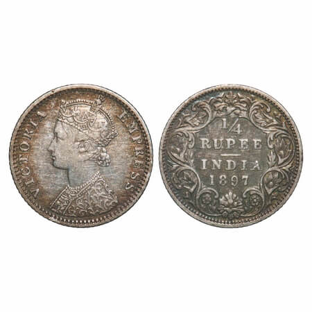 Victoria Empress, Silver, 1/4 Rupee, 1897, Bombay Mint, C(i)/I, 'B' incused. F. Prid 430. 