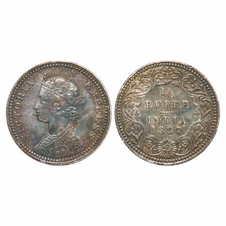 Victoria Empress, Silver, 1/4 Rupee, 1897, Calcutta Mint, C/II, 'C' incused. F. Prid 401. 