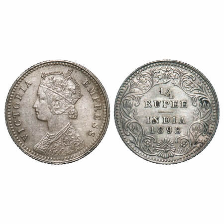 Victoria Empress, Silver, 1/4 Rupee, 1898, Calcutta Mint, C/II, 'C' incused. F. Prid 402. 