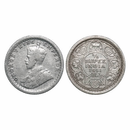 Victoria Empress, Silver, 1/4 Rupee, 1911, Calcutta Mint, No dot, Pig-Type. F. Prid 440. G