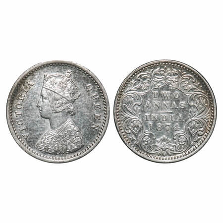 Victoria Queen, Silver, 2 Annas, 1874, Bombay Mint, A/I, 'No mint mark, No dot. F. Prid Un