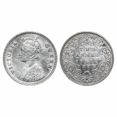 Victoria Queen, Silver, 2 annas, 1875, Calcutta Mint, A/I, No mint mark. F. Prid 489. GK 7