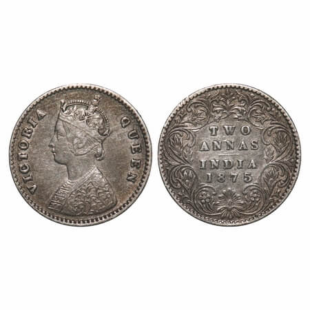 Victoria Queen, Silver, 2 Annas, 1875, Calcutta Mint, A/I, No mint mark. F. Prid 489. GK 7