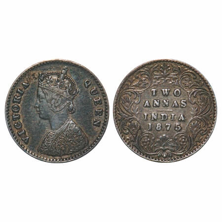 Victoria Queen, Silver, 2 annas, 1875, Calcutta Mint, A/I, No mint mark. F. Prid 489. GK 7