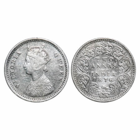 Victoria Queen, Silver, 2 Annas, 1876, Bombay Mint, A/I, No mint mark, No dot. F. Prid 518