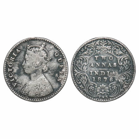 Victoria Queen, Silver, 2 Annas, 1876, Calcutta Mint, A/I, No mint mark. F. Prid 490. GK 7