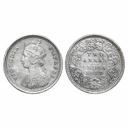 Victoria Empress, Silver, 2 annas, 1877, Bombay Mint, A/I, Dot. F. Prid 520. GK 746. Extre