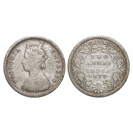 Victoria Empress, Silver, 2 Annas, 1877, Bombay Mint, A/I, Dot. F. Prid 520. GK 746. Fine+