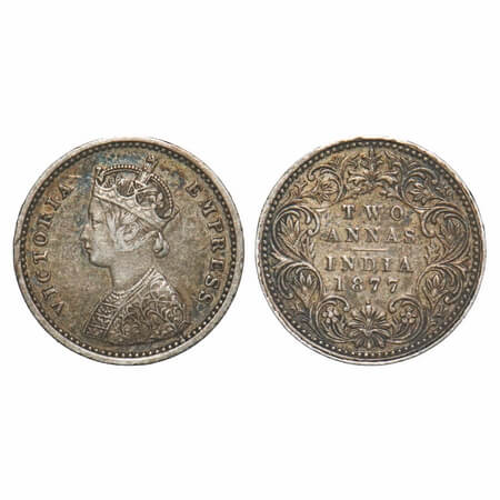 Victoria Empress, Silver, 2 Annas, 1877, Bombay Mint, A/I, Dot, Die crack on Obv. F. Prid 