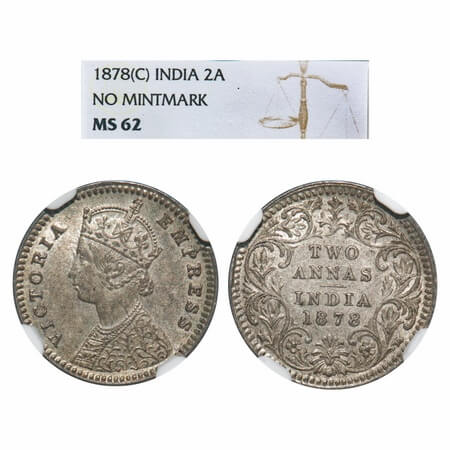 Victoria Empress, Silver, 2 Annas, 1878, Calcutta Mint, B/II, No mint mark. F. Prid 493. G