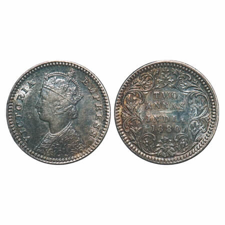 Victoria Empress, Silver, 2 Annas, 1880, Calcutta Mint, B/II, 'C' incused. F. Prid 495. GK