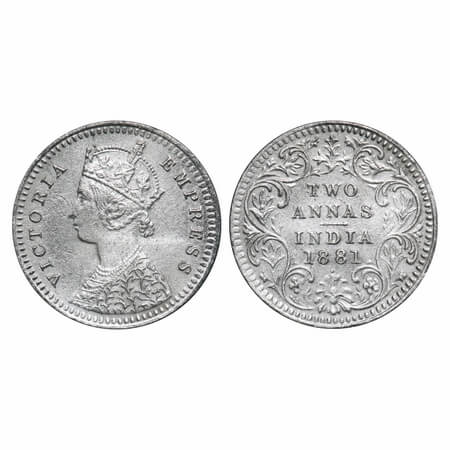 Victoria Empress, Silver, 2 annas, 1881, Bombay Mint, B/II, Dot. F. Prid 524. GK 757. Extr