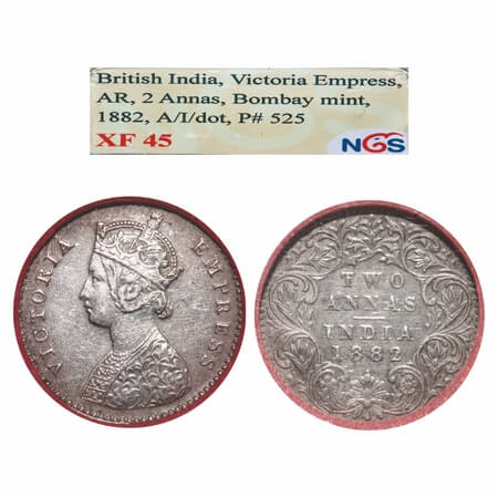 Victoria Empress, Silver, 2 Annas, 1882, Bombay Mint, A/I, Dot. F. Prid 525. GK 759. NGS S