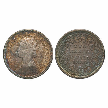 Victoria Empress, Silver, 2 Annas, 1882, Calcutta Mint, B/II, 'C' incused. F. Prid 497. GK
