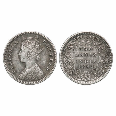 Victoria Empress, Silver, 2 Annas, 1882, Calcutta Mint, B/II, 'C' incused. F. Prid 497. GK
