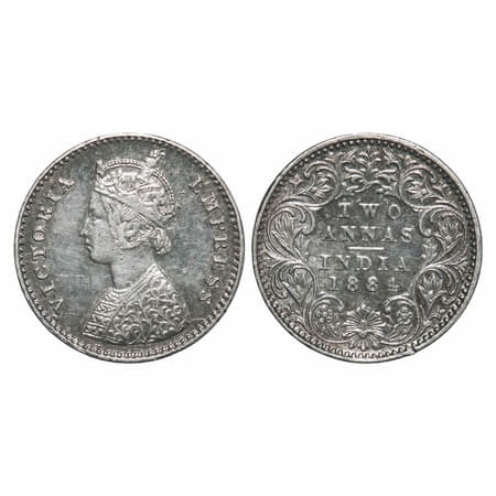 Victoria Empress, Silver, 2 Annas, 1884, Bombay Mint, A/I, No dot. F. Prid 531. GK 769. Ve