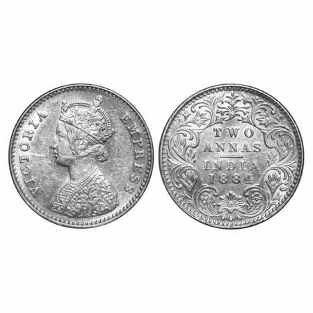 Victoria Empress, Silver, 2 Annas, 1884, Bombay Mint, A/I, No dot. F. Prid 531. GK 769. Un
