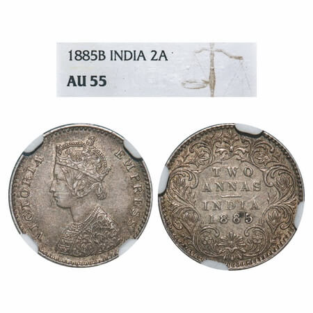 Victoria Empress, Silver, 2 annas, 1885, Bombay Mint, A/I, 'B' raised. F. Prid 537. GK 777