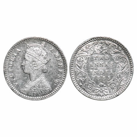Victoria Empress, Silver, 2 Annas, 1885, Calcutta Mint, B/II, 'C' incused. F. Prid 500. GK