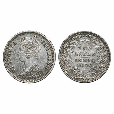 Victoria Empress, Silver, 2 Annas, 1886, Bombay Mint, B/II, 'B' incused. F. Prid 539. GK 7