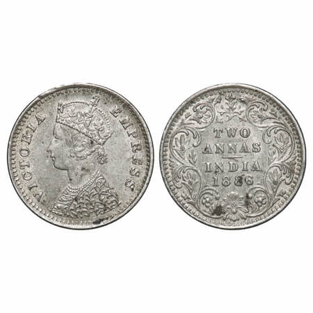 Victoria Empress, Silver, 2 Annas, 1886, Bombay Mint, B/II, 'B' incused. F. Prid 539. GK 7