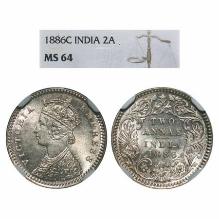 Victoria Empress, Silver, 2 Annas, 1886, Calcutta Mint, B/II, 'C' incused. F. Prid 501. GK