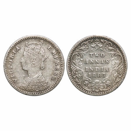 Victoria Empress, Silver, 2 Annas, 1887, Bombay Mint, B/II, 'B' incused. F. Prid 540. GK 7