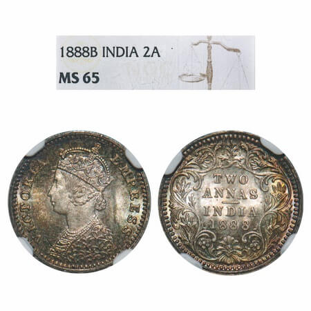 Victoria Empress, Silver, 2 Annas, 1888, Bombay Mint, B/II, 'B' incused. F. Prid 541. GK 7