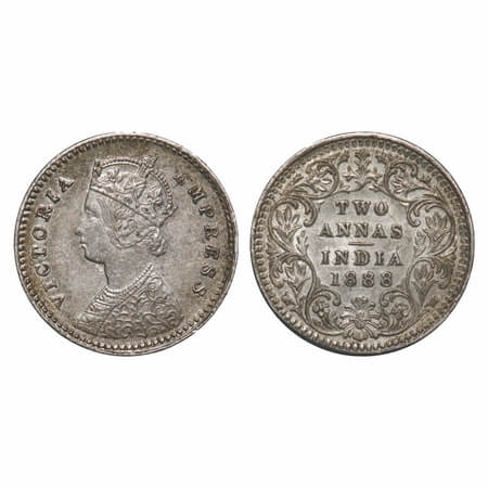 Victoria Empress, Silver, 2 Annas, 1888, Calcutta Mint, B/II, No mint mark, No C, Ghost on