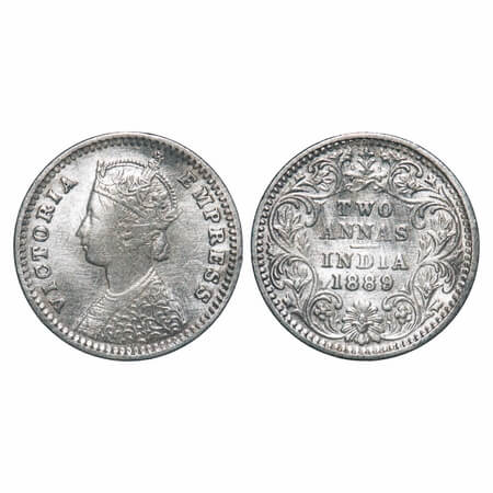 Victoria Empress, Silver, 2 Annas, 1889, Bombay Mint, B/II, 'B' incused. F. Prid 542. GK 7
