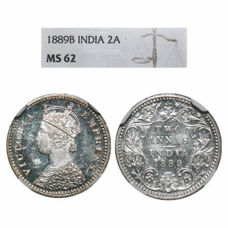 Victoria Empress, Silver, 2 Annas, 1889, Bombay Mint, B/II, 'B' incused. F. Prid 542. GK 7
