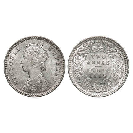 Victoria Empress, Silver, 2 Annas, 1889, Calcutta Mint, B/II, 'C' incused, Ghost on Rev. F
