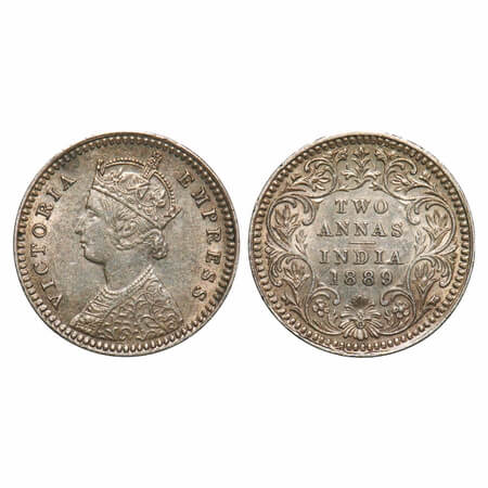Victoria Empress, Silver, 2 Annas, 1889, Calcutta Mint, B/II, 'C' incused. F. Prid 504. GK