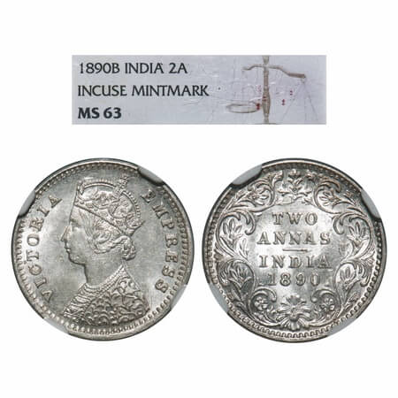 Victoria Empress, Silver, 2 Annas, 1890, Bombay Mint, B/II, 'B' incused. F. Prid 545. GK 7