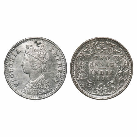 Victoria Empress, Silver, 2 Annas, 1891, Bombay Mint, B/II, 'B' incused. F. Prid 546. GK 7