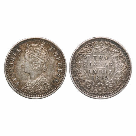 Victoria Empress, Silver, 2 Annas, 1892, Bombay Mint, B/II, 'B' incused. F. Prid 547. GK 7