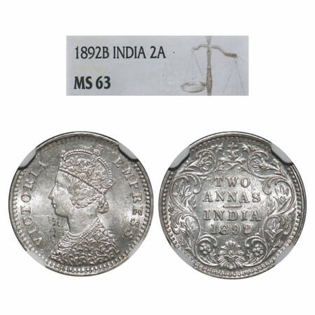 Victoria Empress, Silver, 2 Annas, 1892, Bombay Mint, B/II, 'B' incused. F. Prid 547. GK 7