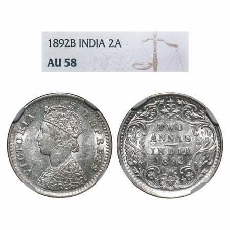 Victoria Empress, Silver, 2 Annas, 1892, Bombay Mint, B/II, 'B' incused. F. Prid 547. GK 7