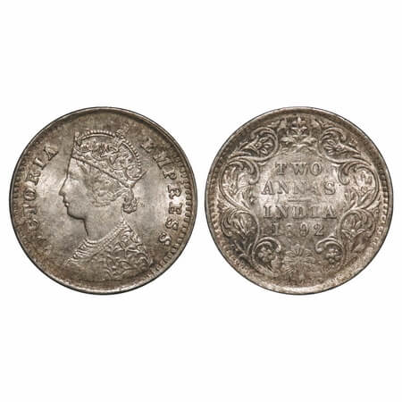 Victoria Empress, Silver, 2 Annas, 1892, Bombay Mint, B/II, 'B' incused. F. Prid 547. GK 7